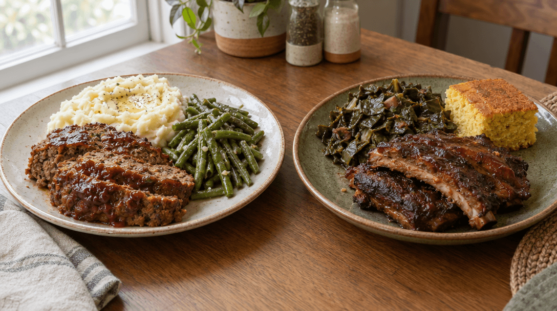 Barbecue ribs, greens, meatloaf, and mashed potatoes
