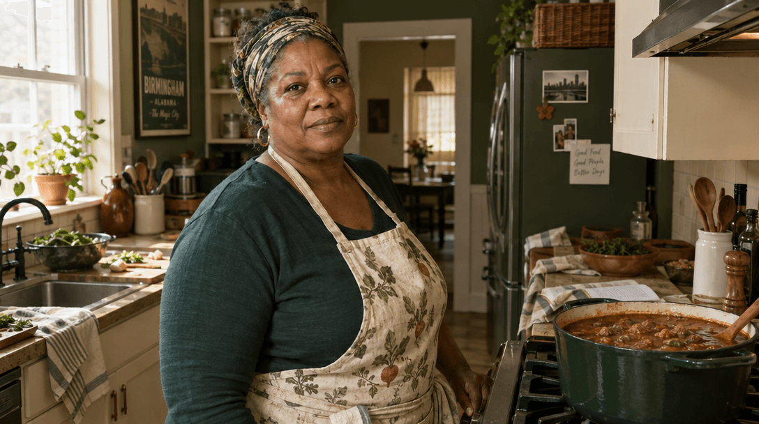 Renee preparing a meal in a working home kitchen