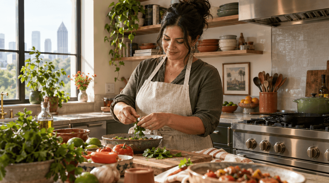 Lucía preparing a meal in a home kitchen