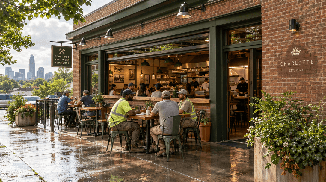 Neighborhood restaurant exterior with outdoor tables in Charlotte
